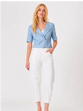 J. Society S/S Twill Faux Leather Cropped Moto Jacket in stone blue M
